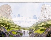 Mother Nature Father Time.  Earth spirits, sacred spirits, serene landscape, original watercolor, drawing, painting,