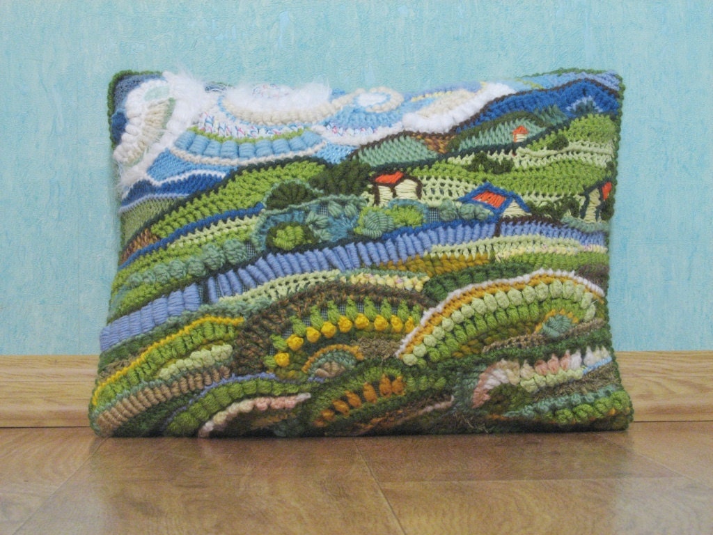 OOAK Crochet freeform ART pillowcase Van Gogh The Landscape at Saint-Rémy
