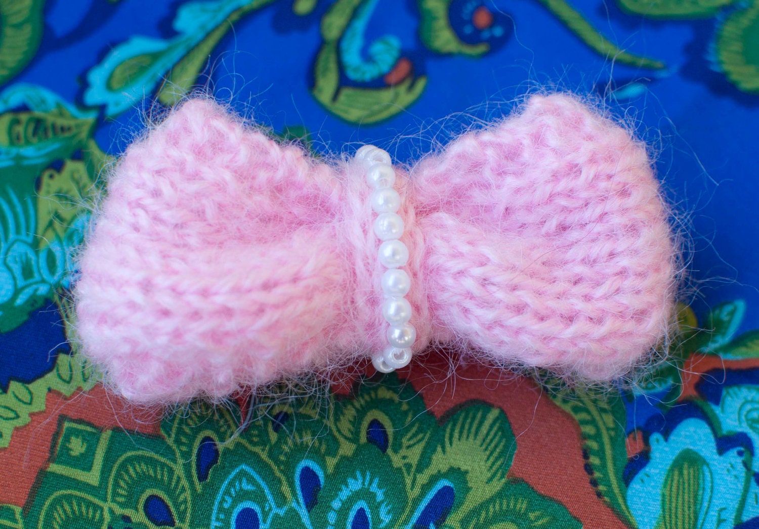 Handmade Pink Mohair Yarn Knitted Bow Pin with Faux Pearl Accents