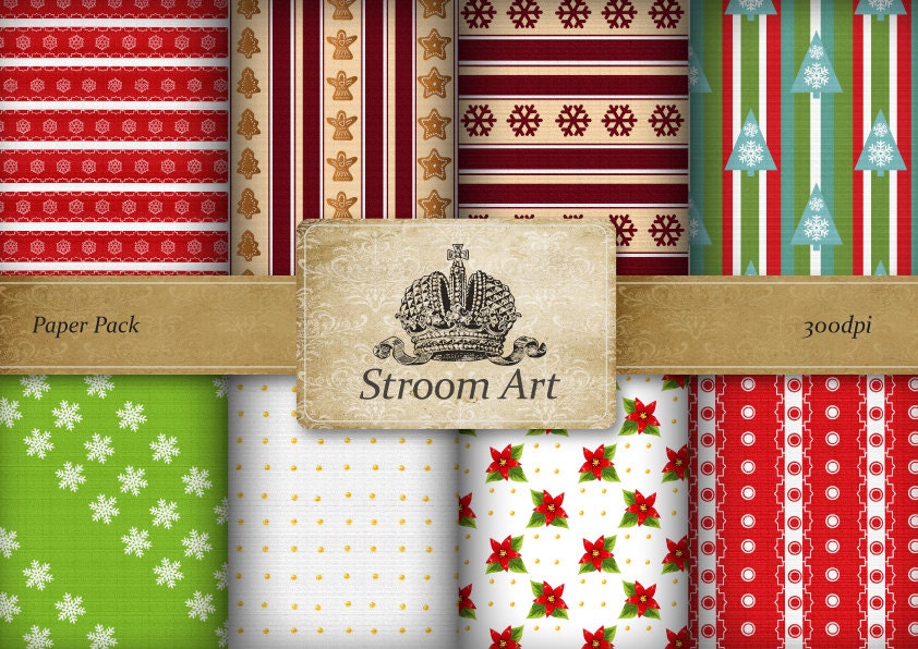 Cristmas Holiday Paper pack 12x12 inches Digital Scrapbooking Gingham Polka Dots Backgrounds Printable set of 8 patterns for Paper Goods 023