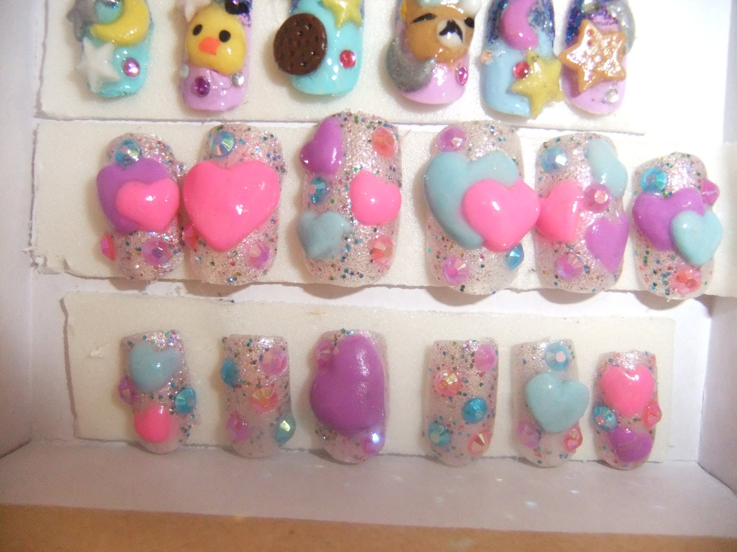 Kawaii Acrylic Hearts Nails full false/fake 3D nail gyaru Japanese lolita