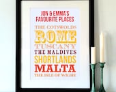 Favourite Places - A4 - Personalised Typographic Print - Personal Present, for weddings, anniversaries, birthdays for him and her