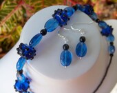 Blue Glass, Royal Blue Crystal Quartz, Black Onyx and Seed Bead 18 Inch Necklace and Earrings.