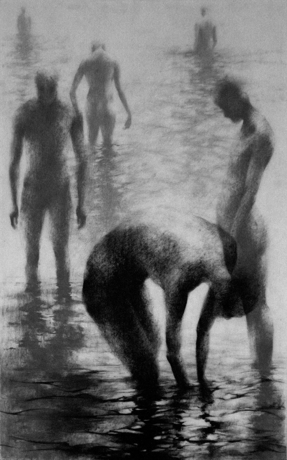 Haunting Figure Drawing Gothic Moody Dark Shadow Crayon Wading Water Fog Fine Art "Unknown II"