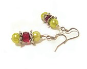 Red crystal & lime green pearl earrings Drop dangle colorful earrings Eelectric green pearl red crystal shiny earrings for girl Israeli