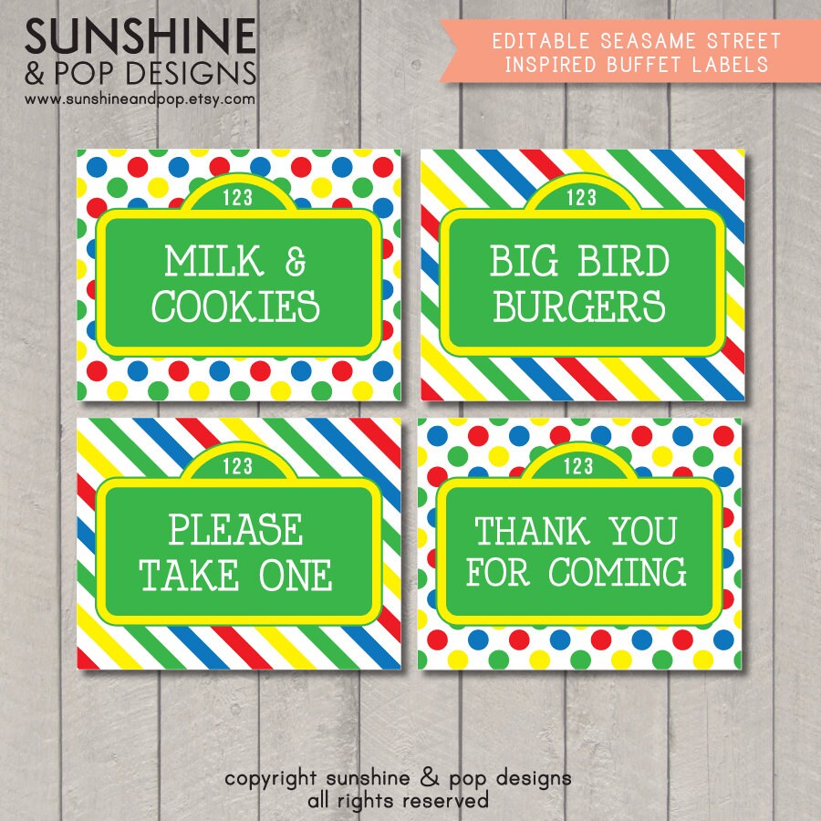 INSTANT DOWNLOAD - EDITABLE Sesame Street Inspired folding Buffet Card, Food Tag, Label - Custom pdf Il_570xn