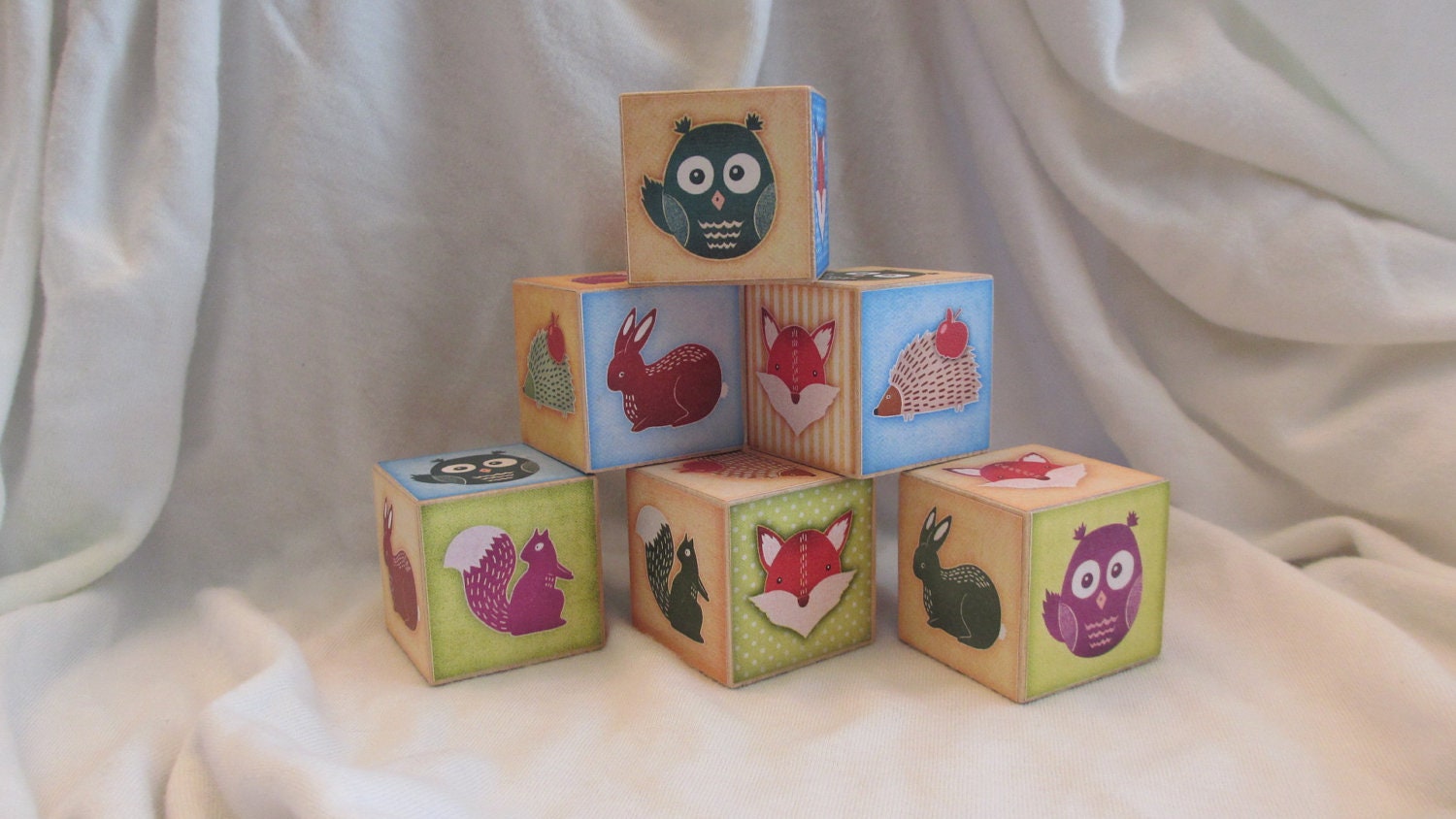 Woodland Forest Creature Owl Hedgehog Fox 6 Wood Blocks  Nursery Room Decor Baby Shower Decoration Birthday Party Toddler Building Toys