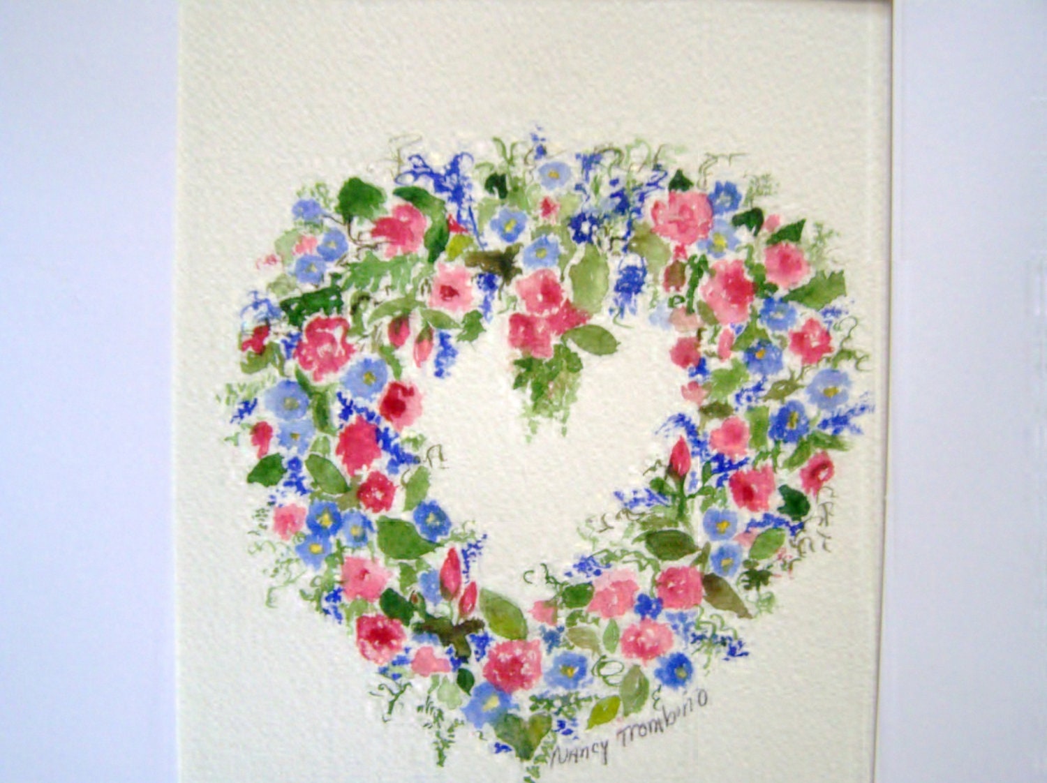 Delicate Floral Heart Wreath Original Watercolor Painting