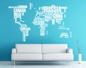 Large 7' World Map Words Typography Travel Decal for Home, Dorm, Office, Living Room or Bedroom