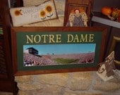 Custom framed and lettered solid cedar wood University of Notre Dame panoramic oak finish country rustic wall hanging display