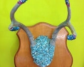 Funky Mounted Deer Antlers Embellished with Turquoise Chips & Hot Pink and Blue Swarovski Crystals