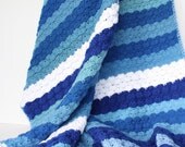 Vintage Afghan Crochet Blanket Throw 1970s Retro Home Decor Ocean Colors Blue and White