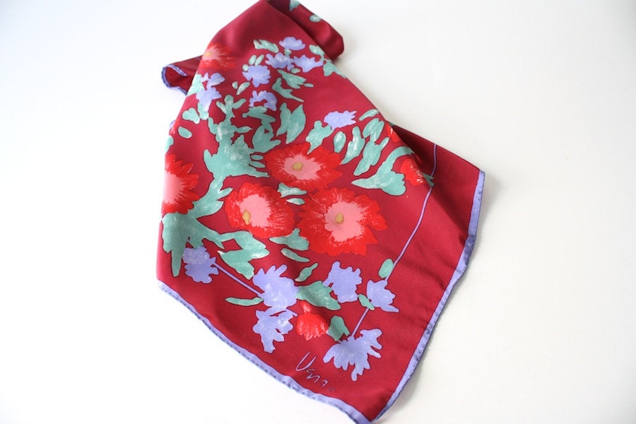 Vintage Scarf Vera Neumann Scarf 1970s Vintage Scarf Burgundy Red Floral Design