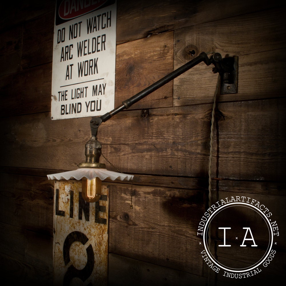 Vintage Industrial OC White Telescoping Wall Mount Lamp w/ Antique Petticoat Shade