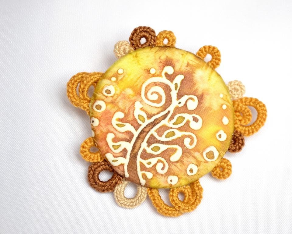 Hand Painted Silk Miniature Brooch, Brown, Yellow, Goldenrod, Spring Jewelry, Hand Crochet Lace, Fall Fashion Trends, Autumn, OOAK