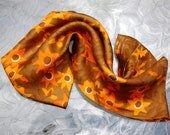 Vintage Silk Scarf, Infinity Cowl Neck, VERA, Abstract Sunflower Print, Fall Autumn Floral, Orange Yellow Brown, 1960s Mad Men Accessory