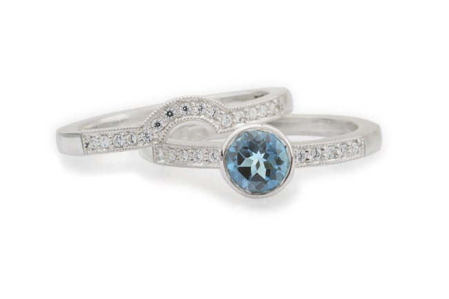 Topaz and Diamond Palladium Engagement ring and Wedding Band set. Engagement ring with Wedding Enhancer. Palladium and Topaz Ring.
