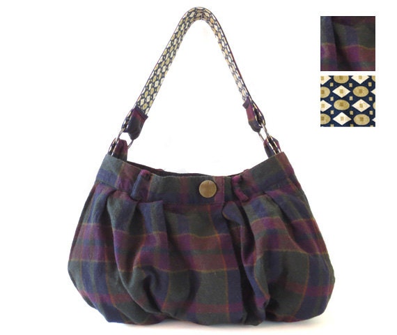 HOBO BAG from upcycled wool skirt - Purple and Green Plaid