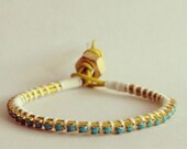 Yellow Leather Wrap Bracelet with Genuine Turquoise Swarovski Chain and Brass Hex Nut Closure (Anwar Collections)
