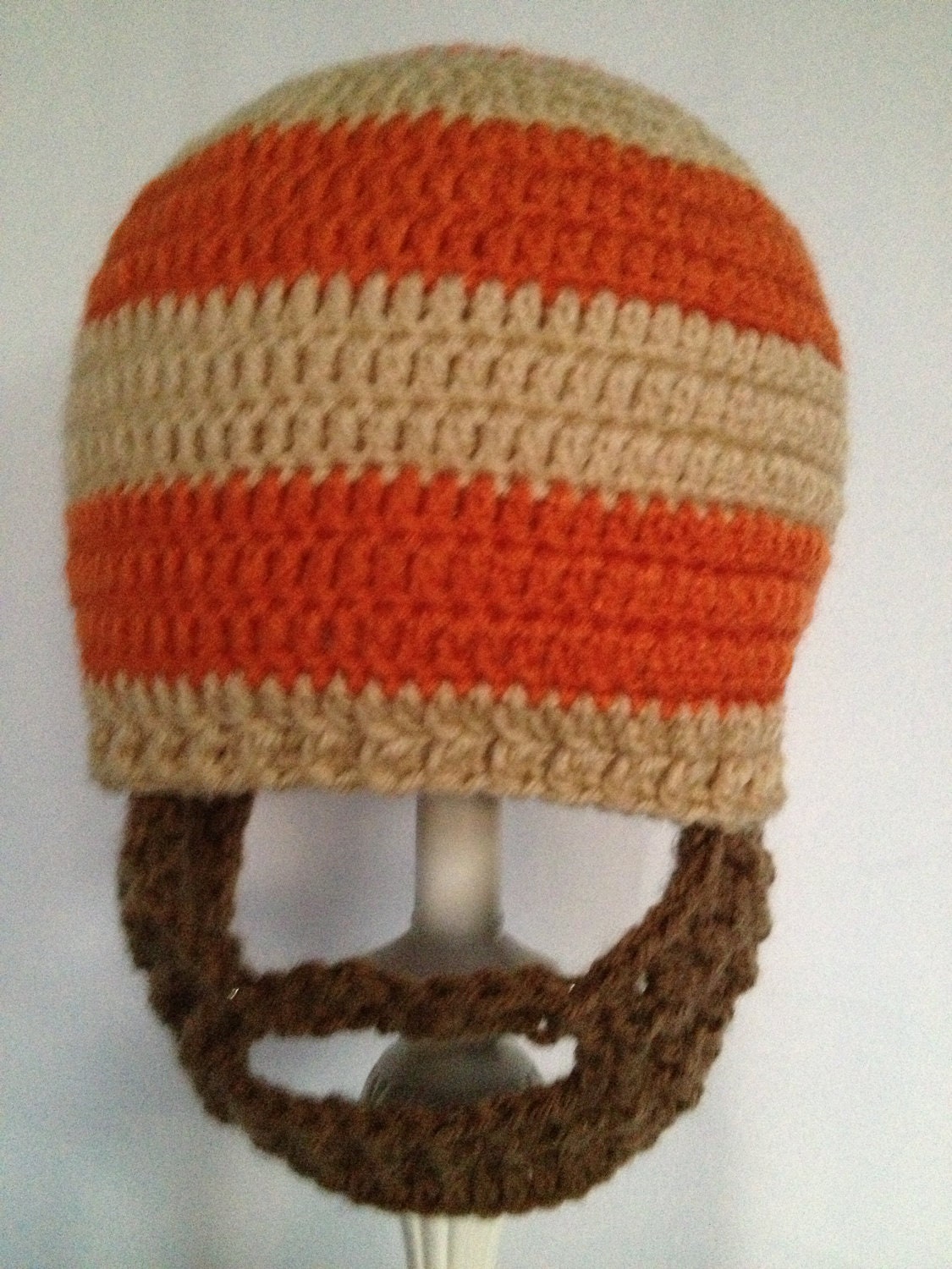 Crochet Beard Beanie, in style beard hat, orange and tan striped hat, please include SIZE in order
