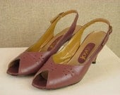 Vintage 1980s Shoes / Mauve Pink  Leather Peeptoe Slingback