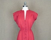 Vintage Pink Cotton Dress / Watermelon Pink Button Dress
