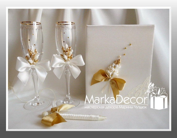 Personalized Wedding Guest Book  in Antique Gold and White with Gorgeous Satin Handmade Decorations and Pearls