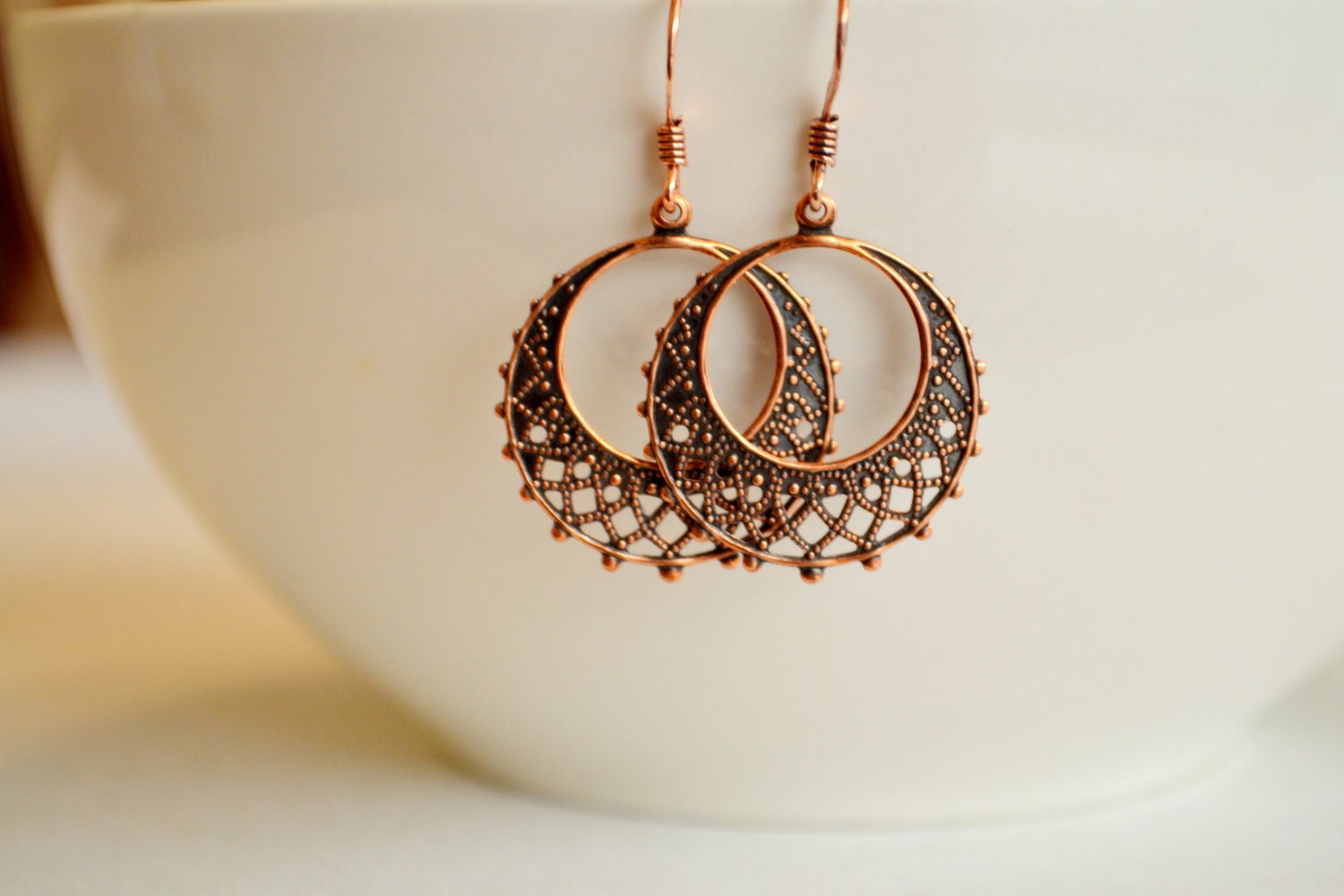 antique copper filigree dangle earrings