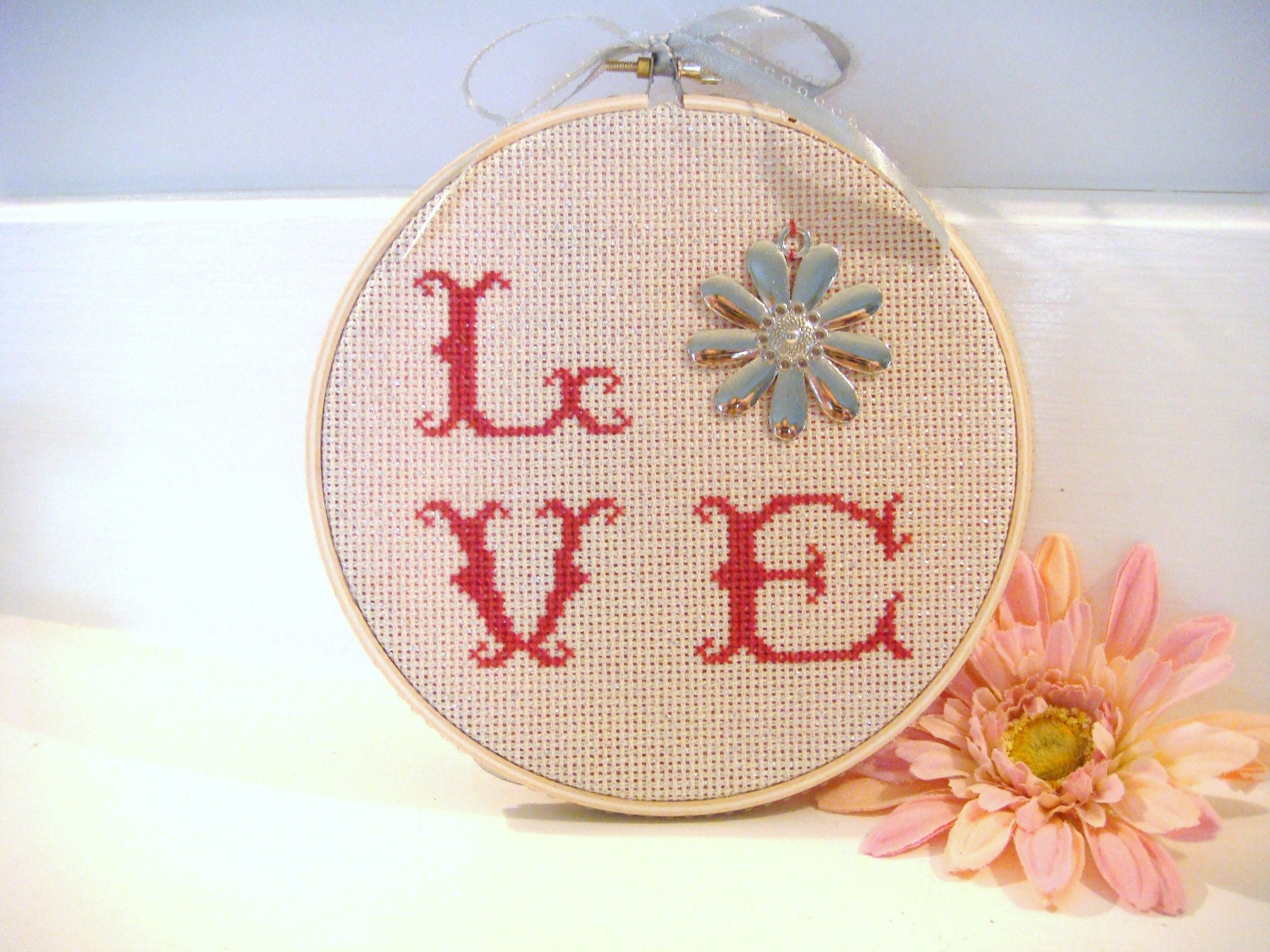 hoop art, love art, mother's day, finished cross stitch, wall hanging, shabby chic decor