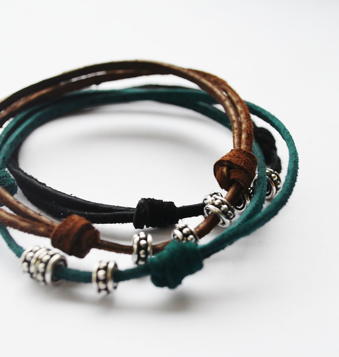 Mens Suede Leather Bracelet with Sterling Silver Bali Beads