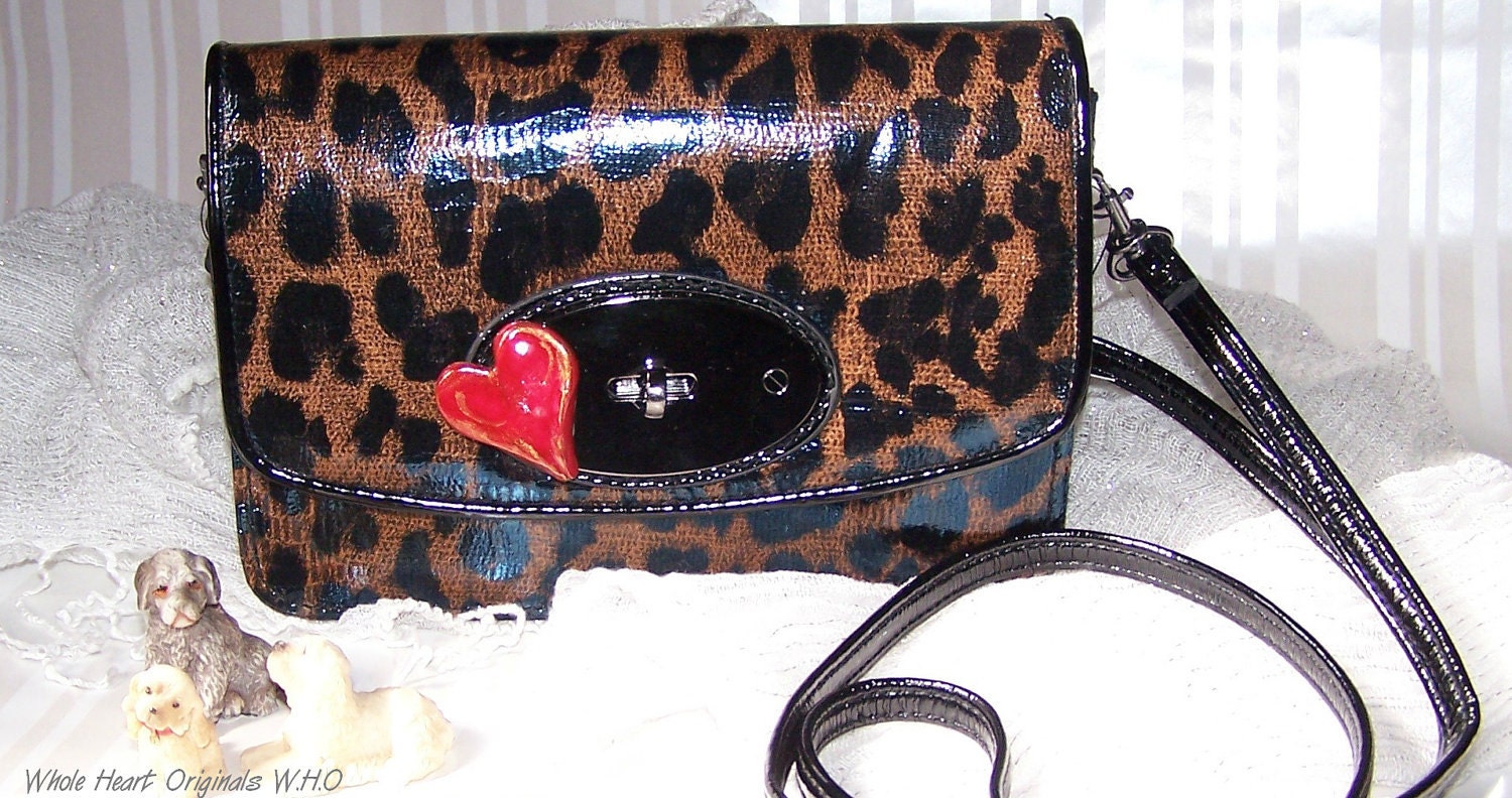 Leopard Heart Purse Wallet Clutch, , long shoulder strap, Austrian Swarovski Crystal