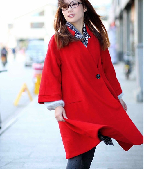womens clothing Wool coat  Winter Warm Coat Trenchcoat  Winter Jacket   One Chest-Button V-shape Collar  FreeSize Waist Custom Made/