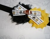 Pittsburgh Steelers NFL shabby headband with bow and football embellishment, fits newborn-adult, can also be put on a clip