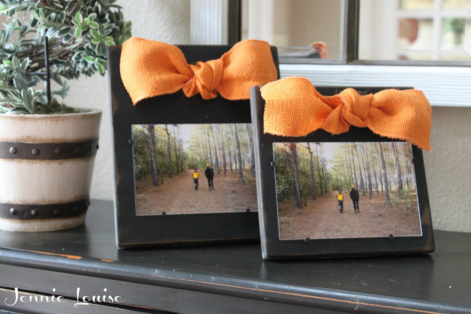 Black Distressed Wooden Frame with an Orange Burlap Bow - Perfect for Halloween