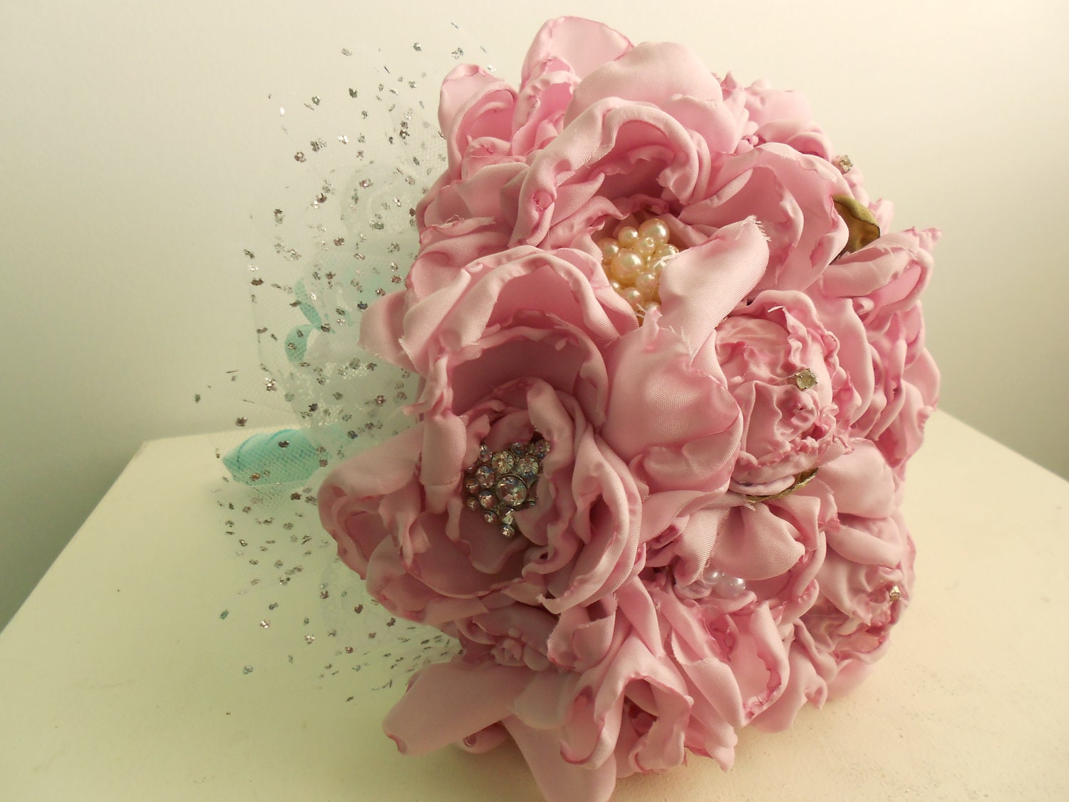 Pink peony fabric flower bouquet,  heirloom bouquet