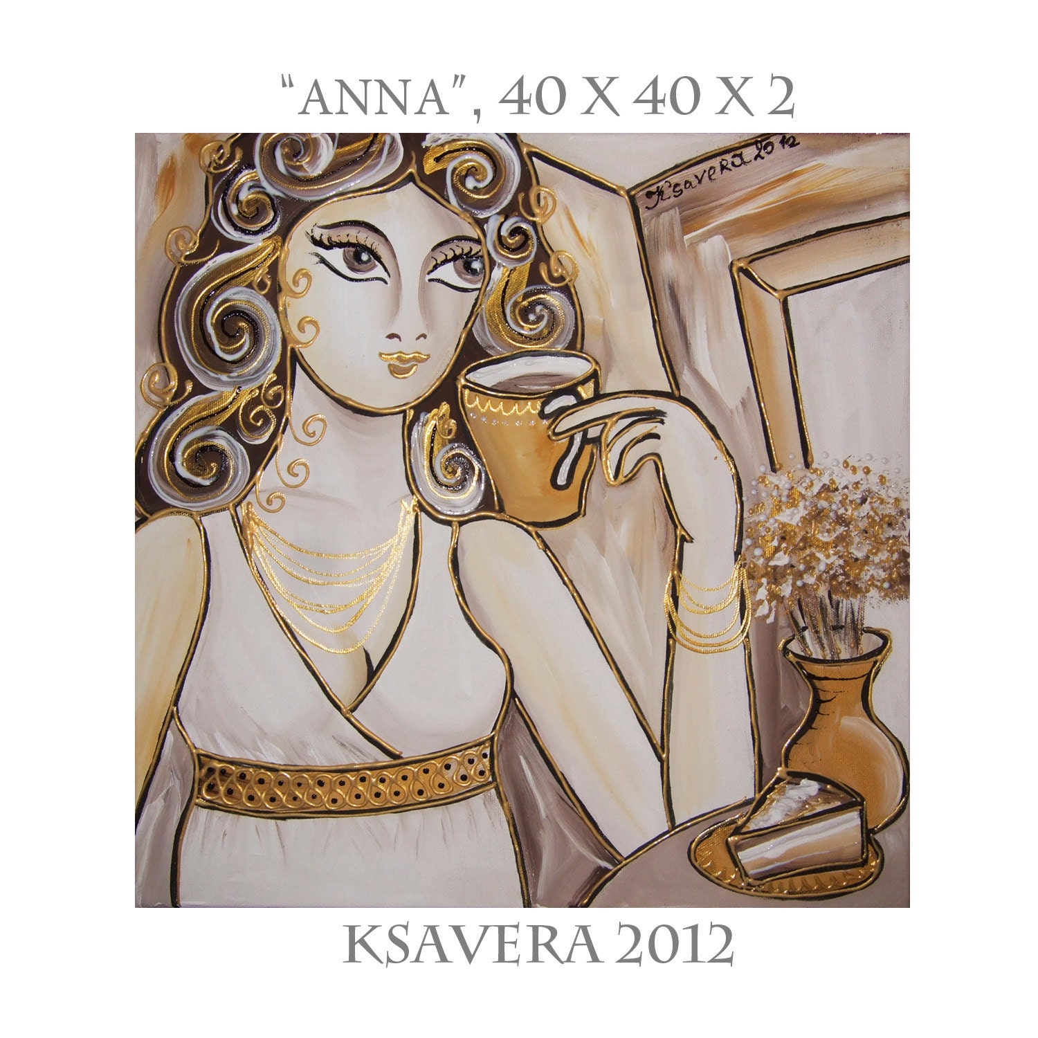Portrait Painting of Woman Russian Impressionist Cubist art KSAVERA "ANNA" 16x16 Original Lady Girl Cubism Contemporary beige gold brown - KsaveraART