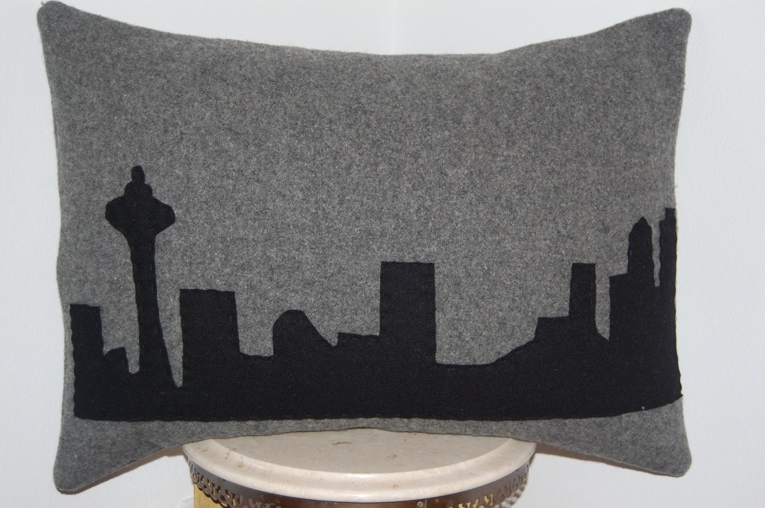CUSTOM Woolen Colors Seattle Skyline Silhouette Space Needle Wool Throw Pillow Shabby Chic Handmade Upcycled Vintage Blanket 18 x 26 INCH