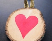 Hand-Painted Christmas Tree Ornament - Wood Slice - Neon Pink Heart