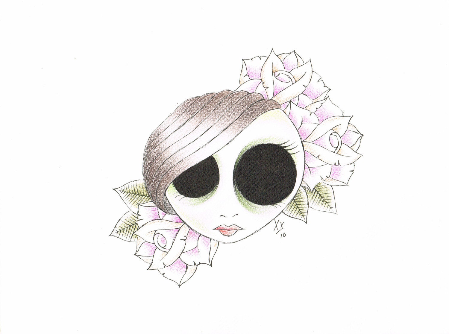 Original Illustration, Zombie, Girl, Roses, Picture, Portrait, Art, Ink, pencil, 24 x 32 cm, Figure, Horror, Old School, Tattoo Design