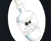 Original Illustration, Poison Bottle, Picture, Art, Ink, Pencil, Acrylic, 24 x 32 cm, Horror, Old School, Tattoo Design
