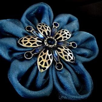 Handmade Fabric Flower Hair Clip in Blue with Silver and Navy Jeweled Center, Hair Accessory and Brooch
