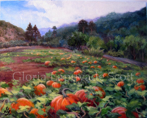 Pumpkin Field - Art - Painting - Original Landscape - Fall Scene, Farm, green, orange - 8 x 10