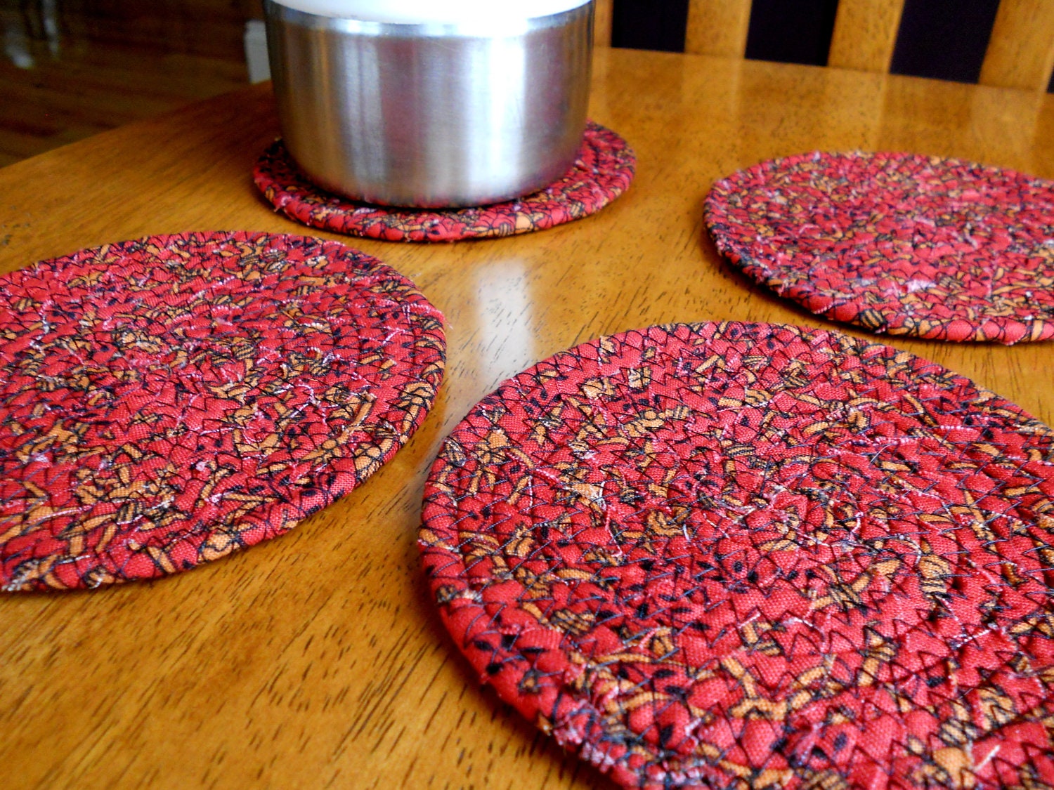 Coasters, Housewares, Eco Friendly, Coworker or Employer Gift Under 25, Red Orange Coiled Fabric Pottery Wrapped Clothesline Set of 4