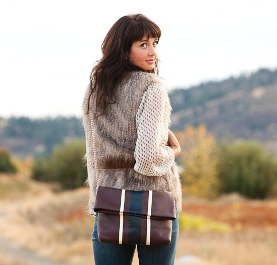 The "Ann" Foldover Handbag - Burgundy Italian Leather with Navy and Cream Stripes