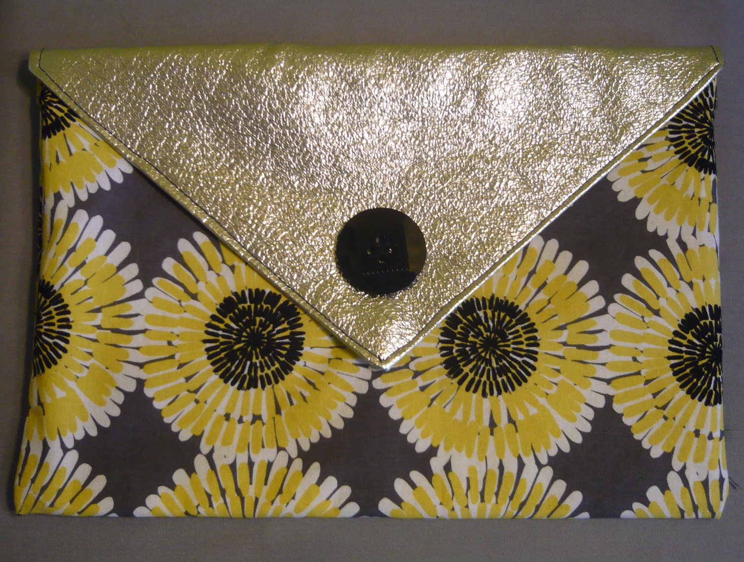 Grey, yellow, black retro style floral cotton and metallic envelope clutch purse, nylon lined, snap closure 8"x12"