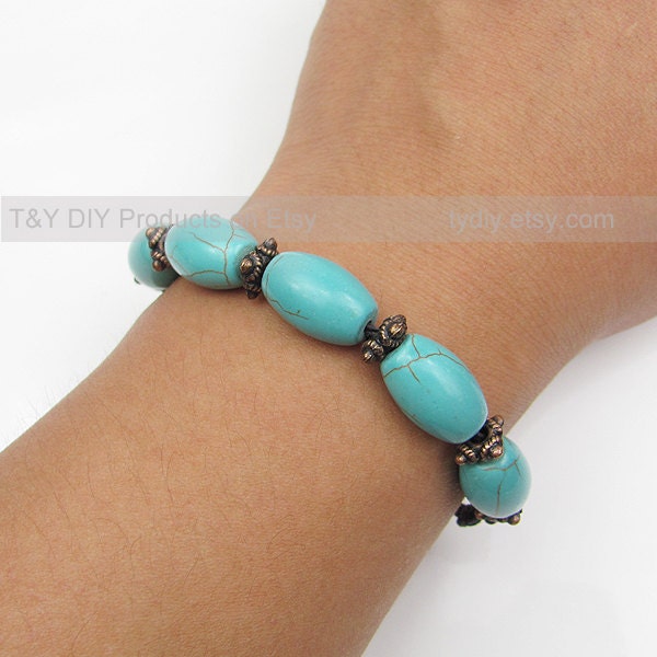Charm Bracelet Turquoise Finding Oblong Bead on Thin Knot Braided Cord Adjustable Bangle with 1inch Extension Chain Leather Bracelet