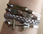 Handmade white wax cord silver braided leather bracelet,bronze anchor love owl bracelet
