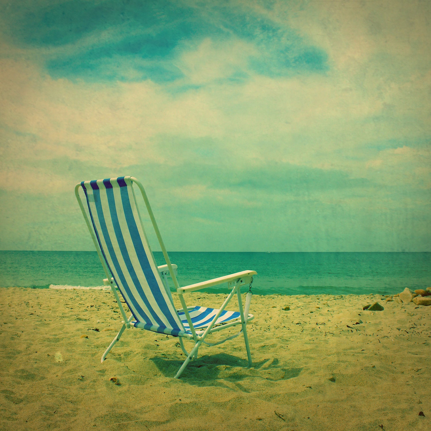Vintage Beach Chair at the Ocean, Retro Photo, 8" x 8"