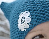 SALE Cat ear hat GODDESS BAST beanie with lace flower in petrol dark teal chunky warm winter hat