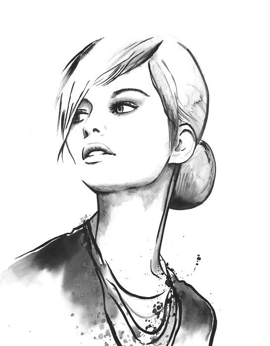 Print from Original Watercolor Fashion Illustration Modern Art Black and White Portrait Painting titled Daintiness